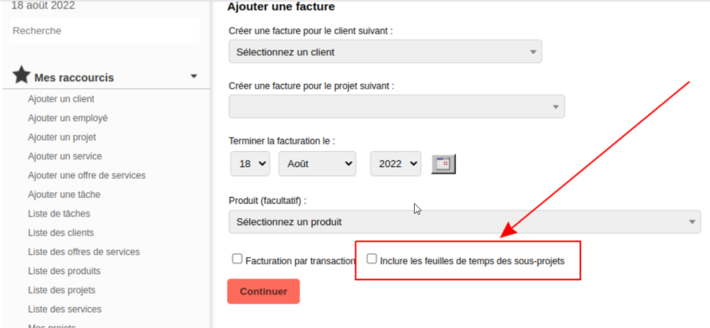 The "Include sub-project timesheets" box in the invoice creation form is highlighted in a red square with a red arrow.
