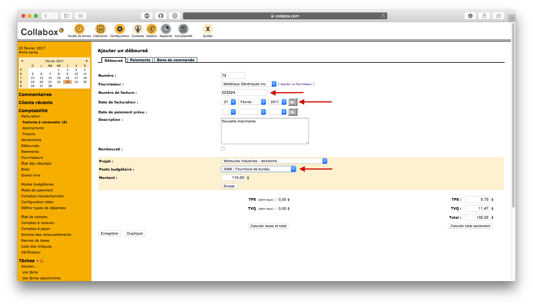 Collabox page that illustrates the important fields to fill in to associate purchase orders with disbursements and the right budget item.