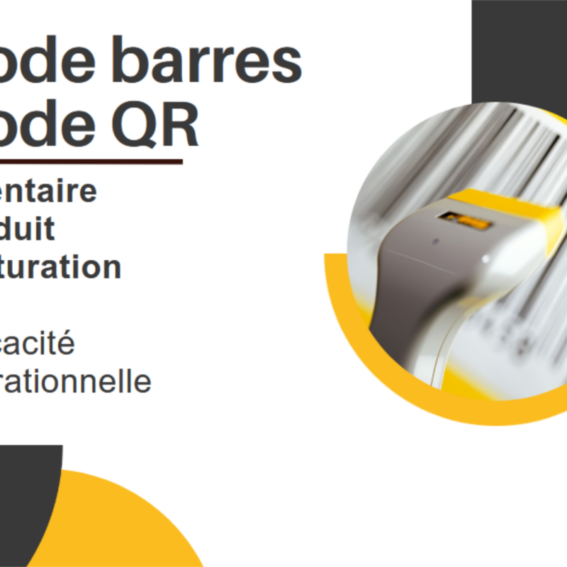 Code barre et code QR pour lecture rapide des produits, gestion d'inventaire accélérée et facturation automatisée.