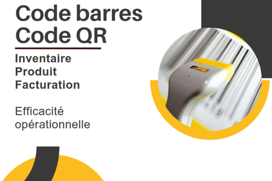Code barre et code QR pour lecture rapide des produits, gestion d'inventaire accélérée et facturation automatisée.