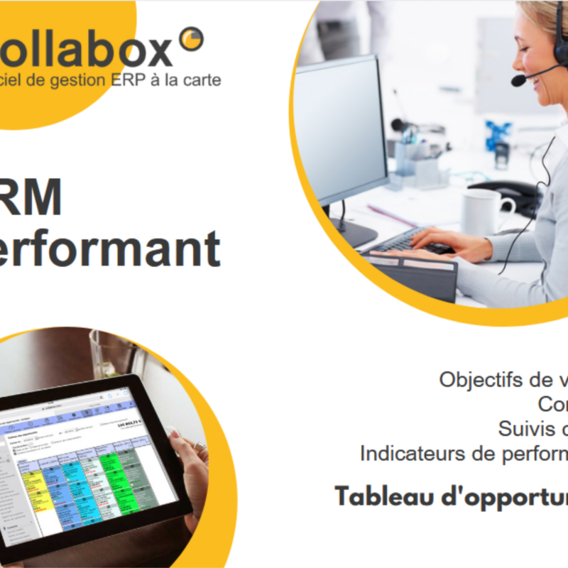 Collabox possède un CRM performant avec plusieurs outils comme les objectifs de ventes, les contacts, les suivis clients, les indicateurs de performance et le tableau des opportunités.