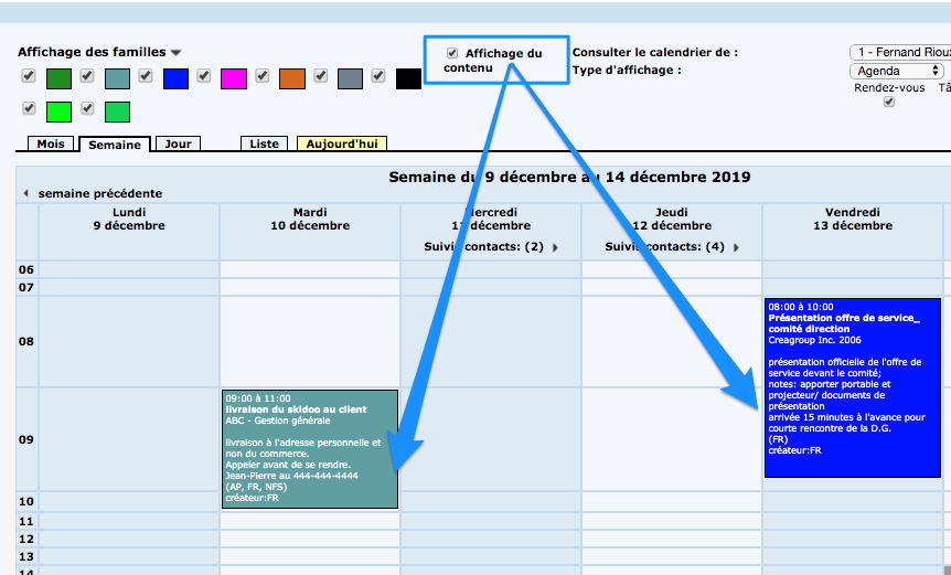 Image showing a week in the calendar. The checkbox to display the agenda content or not is highlighted. In this example, the box is checked and therefore the agenda is of the very detailed type.