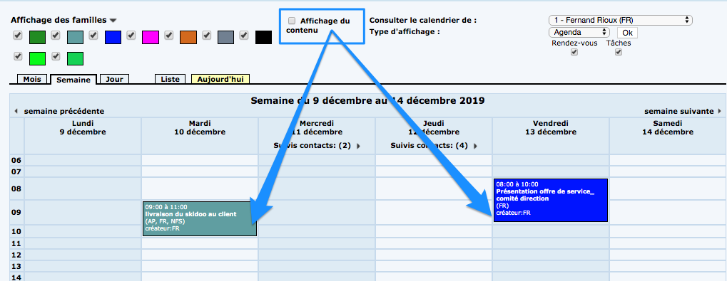 Image showing a week in the calendar. The checkbox to display the agenda content or not is highlighted. In this example, the box is not checked and therefore the schedule is of the purified type.