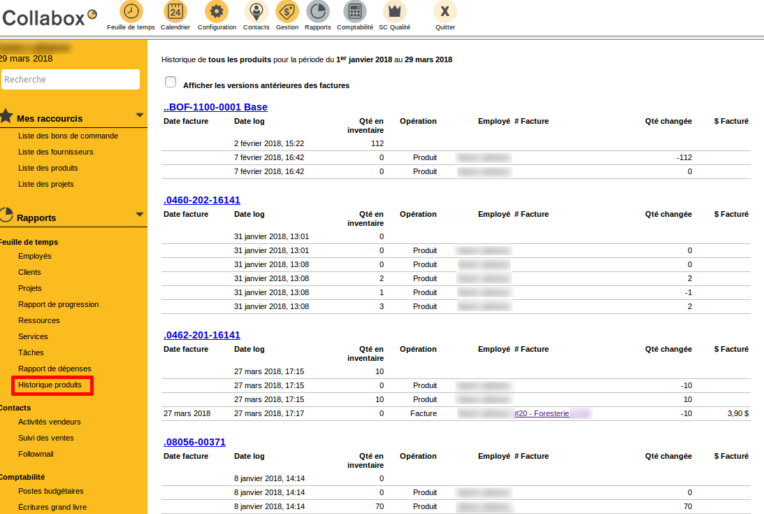 Image showing an example of a product entry and exit history by a given employee.