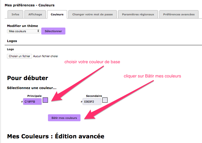 Steps to follow to add a logo, choose the basic colors of the theme and to build the colors of the company.
