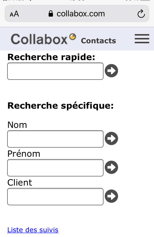 Visuel de la page d'accueil du module Contacts sur appareil mobile.