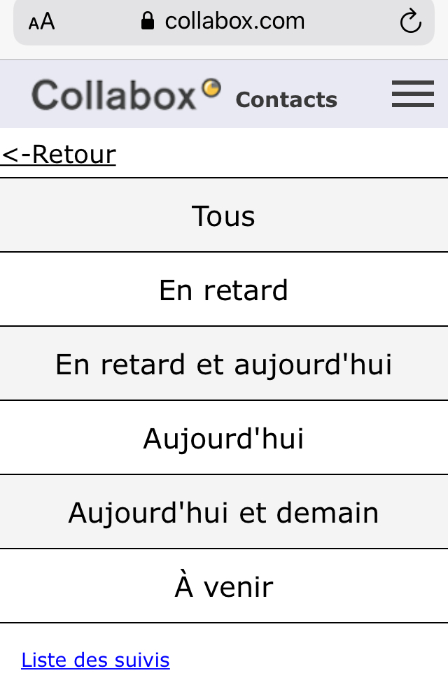 Visuel de la page de la Liste des suivis