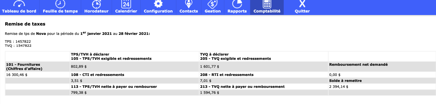 Rapport de remise de taxes du module de comptabilitÃ©-Collabox