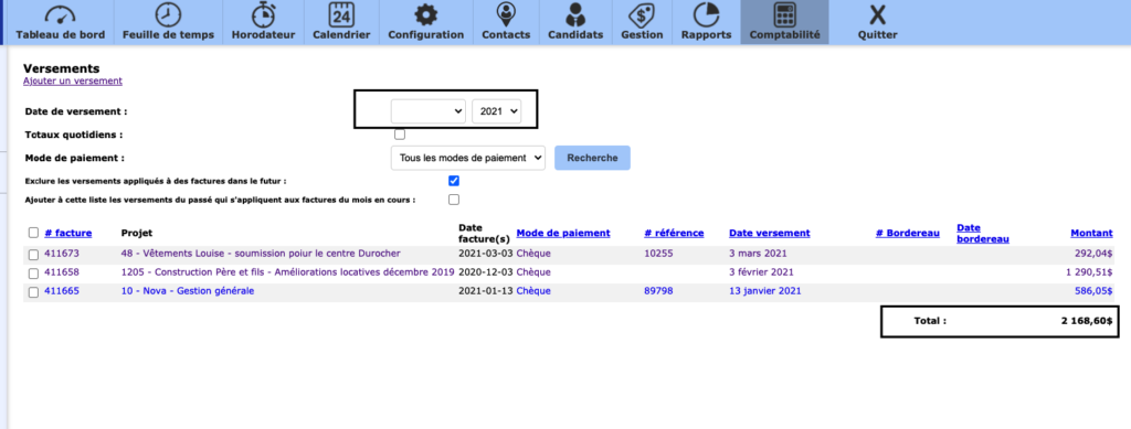 Exemple d'un historique de versements de l'année 2021.