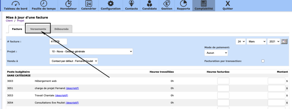 Exemple de la fiche d'une facture avec les différents onglets de navigation, dont celui de "versements". 
