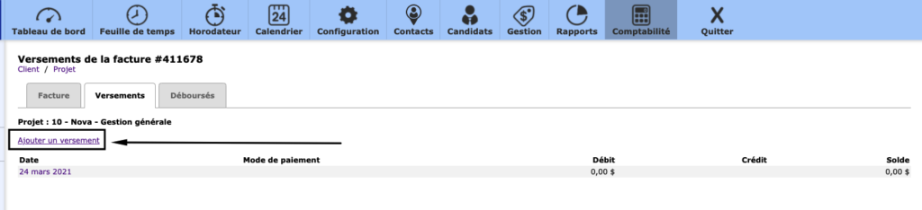 Image montrant où ajouter un versement dans l'onglet "versement" d'une facture.
