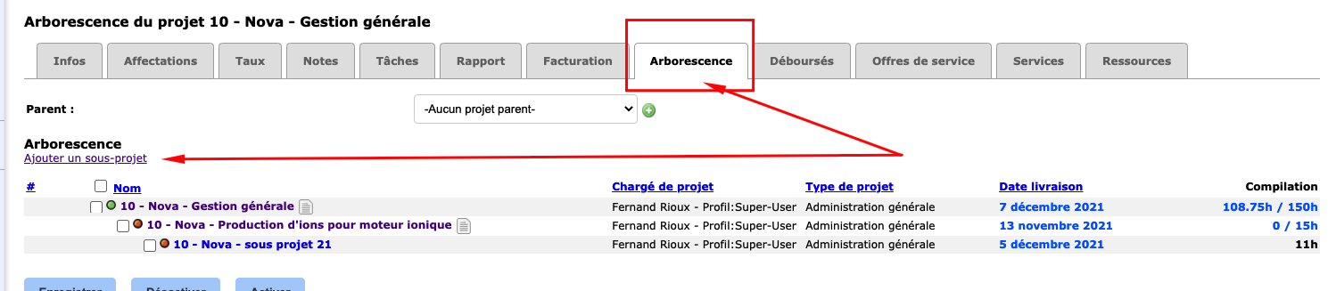 Red arrows indicate where to select to add subprojects from the parent project's master record.