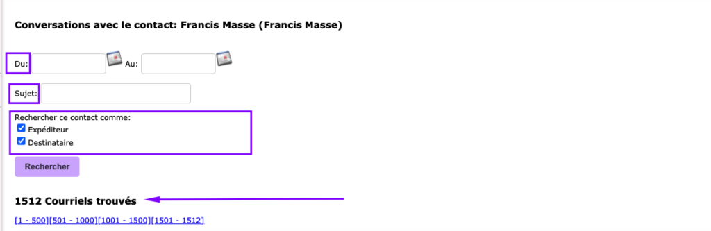 Options disponibles pour filtrer les courriels