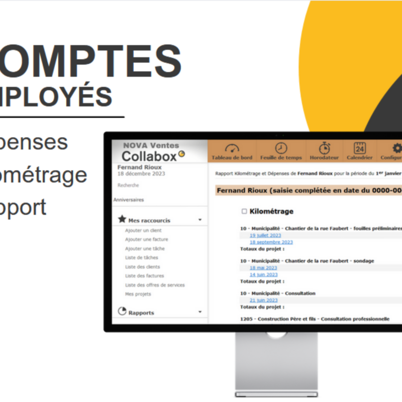 Comptes de dépenses et de kilométrage pour les employés. Possibilité de faire un rapport.