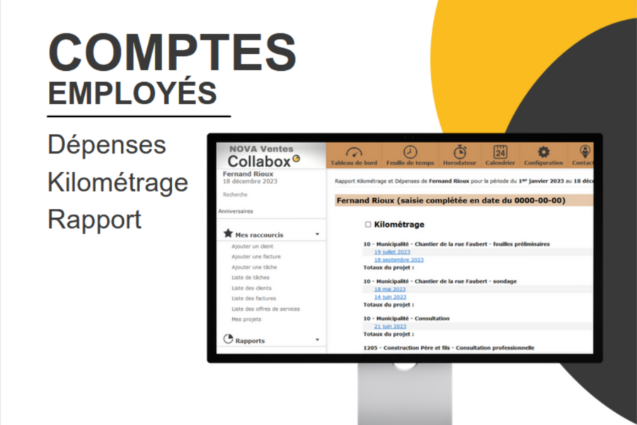 Comptes de dépenses et de kilométrage pour les employés. Possibilité de faire un rapport.
