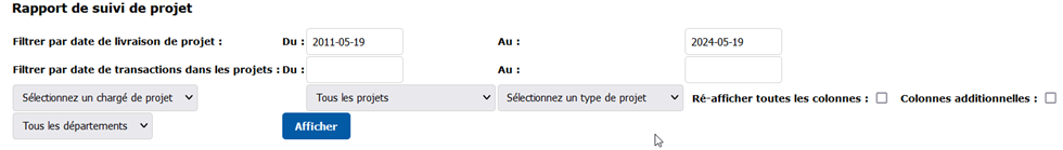 Options d'affichage du rapport de suivi de projets