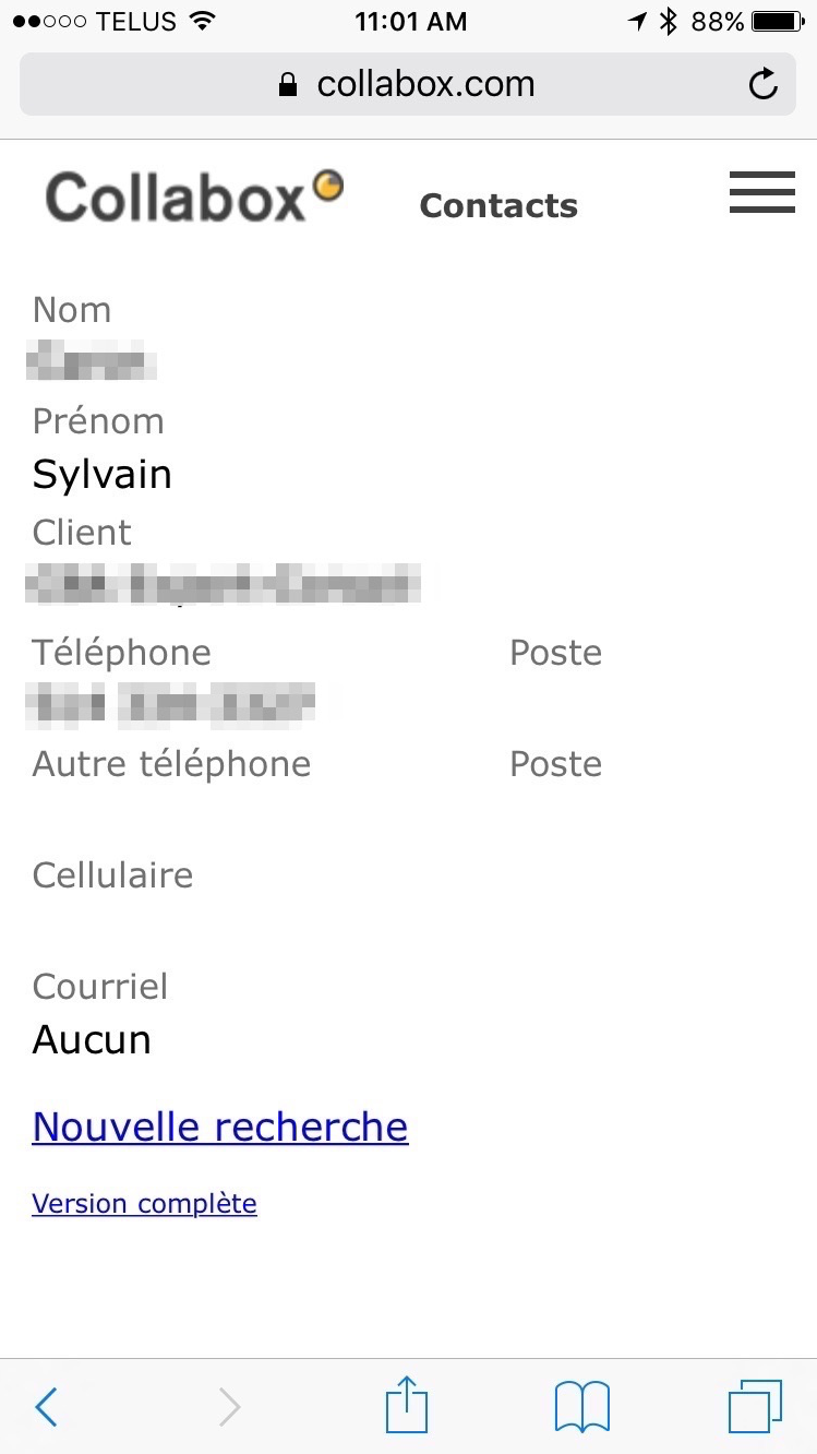 Résultat de la recherche dans le module Contacts mobile.