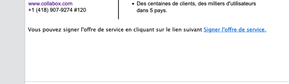 This is an image showing the text sent to the customer for the online signature of the service offer.