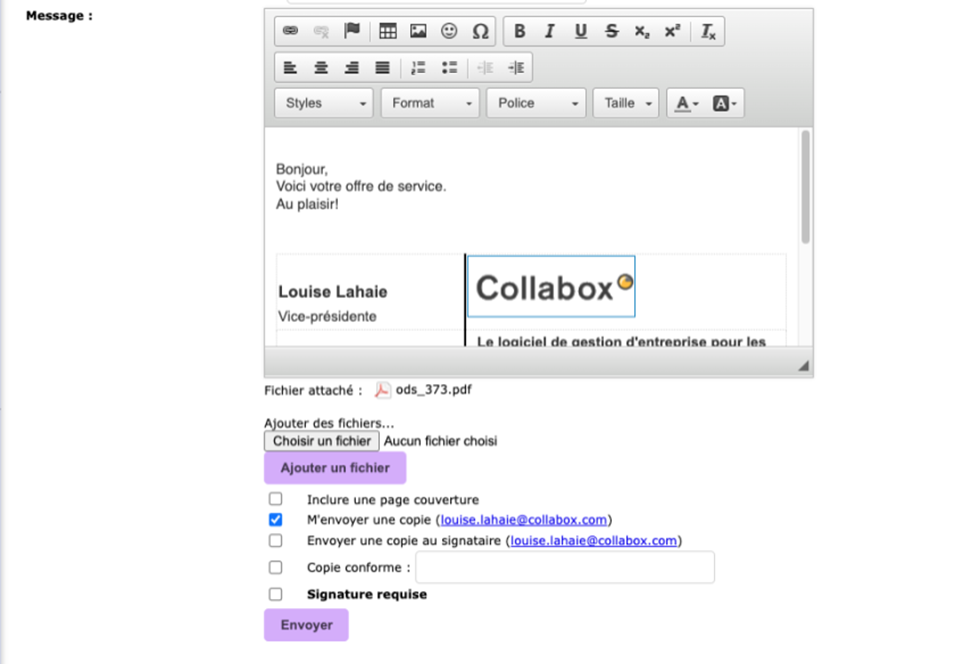 An example of a message to be sent to a client via the Collabox email platform.  