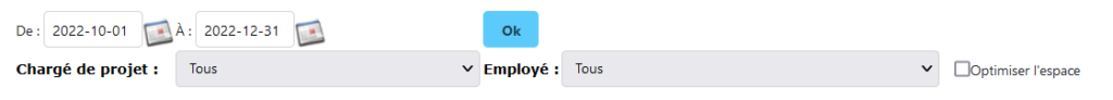 Cette image montre les options de recherche pour le diagramme de Gantt. On peut choisir les dates de début et de fin du projet, le nom du chargé de projet et le nom de l'employé affecté.