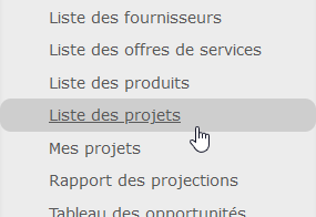 Left menu where you can find the "Project list" function.
