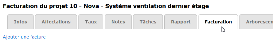 Billing tab in the selected project. The "add an invoice" option is visible.