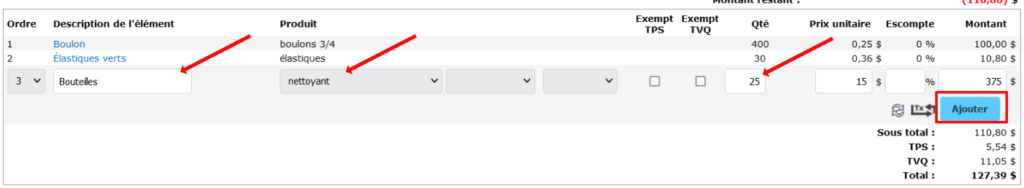 Exemple de l'ajout d'un produit dans la facture.