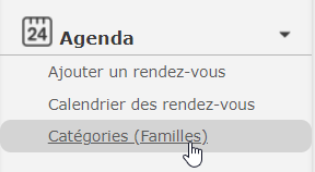 Menu de gauche du Collabox sous l'onglet Agenda. On y voit la fonction "Catégories (Familles)".