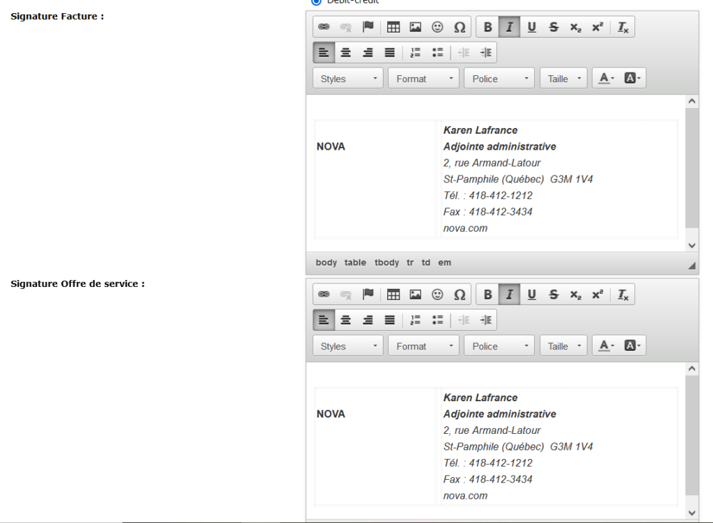 Examples of signatures for invoices and service offers.