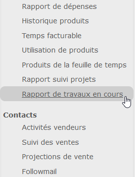 Image showing where to find the access to the work in progress report in the left grey menu.