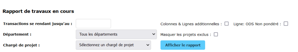 Work in progress report creation page with the different possible search filters.