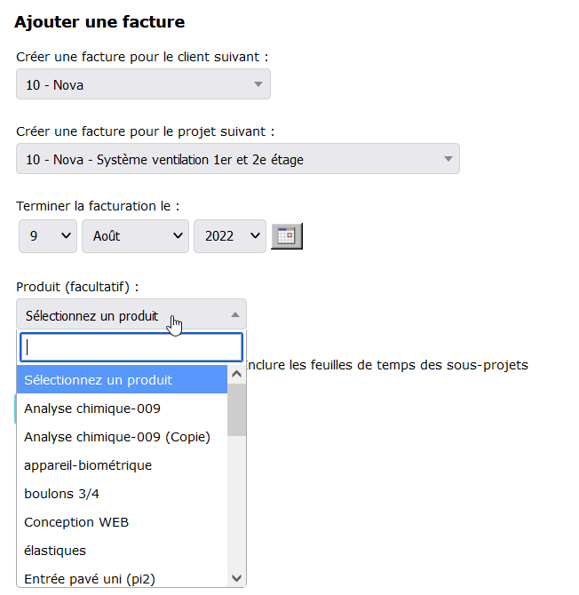 Drop-down menu to select a product already registered.