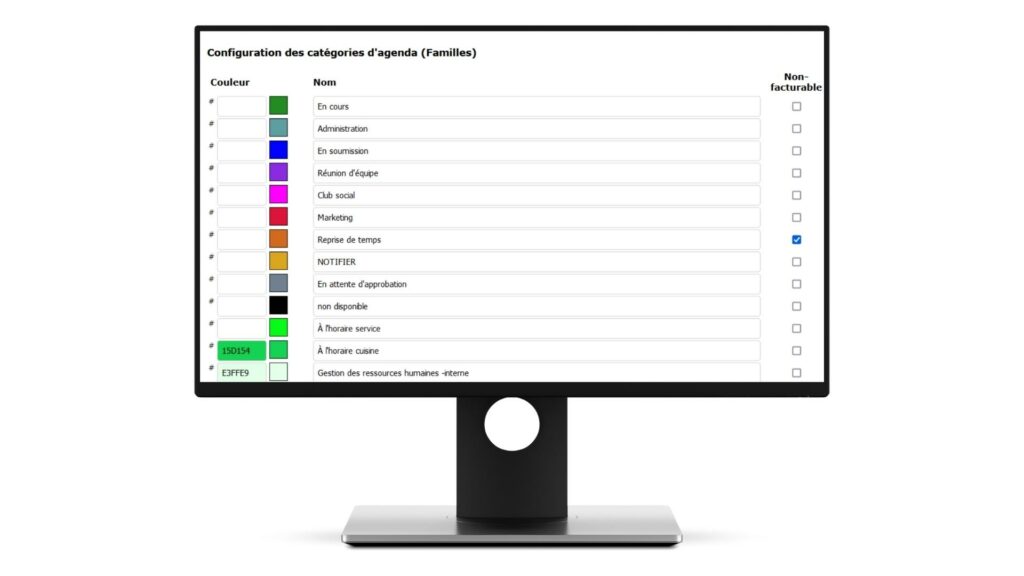 Image of a computer screen showing the Collabox family personalization page. The colors of the families are displayed, as well as their labels.