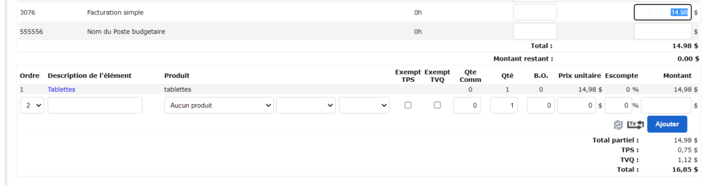Example of an invoice for a tablet. The amount of the product is automatically added to the budget item selected in the product master record. Thus, we can see that the automation of product budget items works.