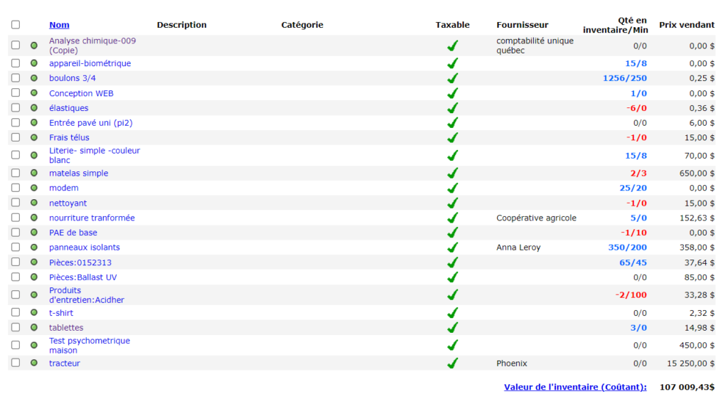 Here is an image that shows an example of a product list in Collabox. It shows the name of the product, its quantity in inventory and its unit selling price.