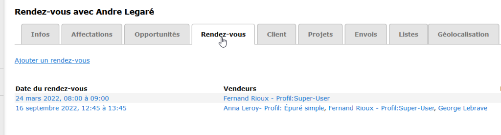 Onlget appointment of the contact form of the CRM module. You can see the history of your appointments and add new ones.
