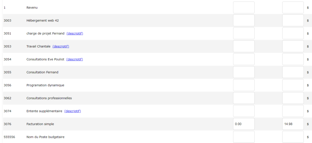Example of the product sheet at the bottom of the page where you can choose the right budget item. Here, the tablet is assigned to the single billing item.