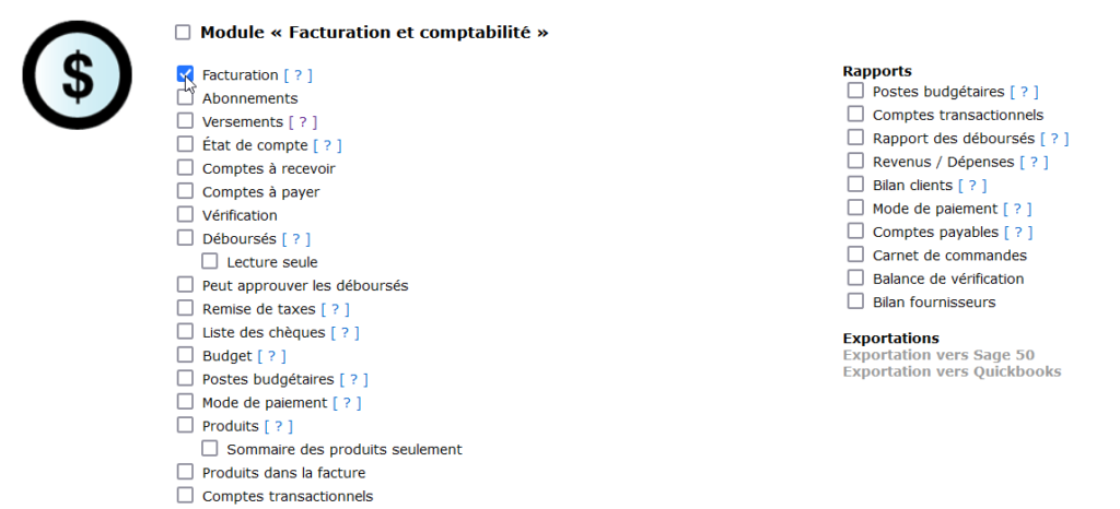 Image of the Menus page of the employee record. The cursor points to the billing checkbox to give the employee access.