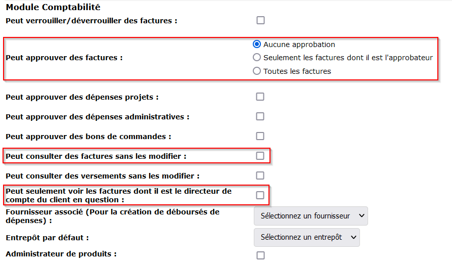 Image of the Advanced Configuration page of the employee's record. Red boxes indicate where the checkboxes are to give an employee invoice approval, consultation only or full restriction.
