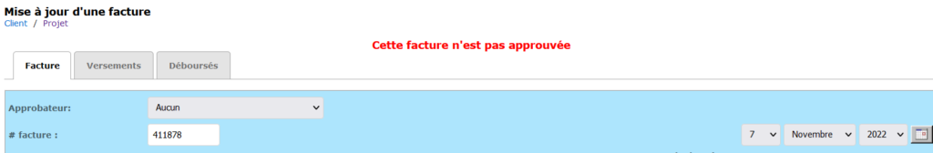 Example of an invoice that has not yet been approved. A red message appears at the top of the page "This invoice is not approved".
