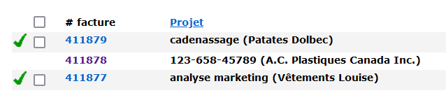 Examples of approved invoices where you can see the green brackets next to the invoice number.