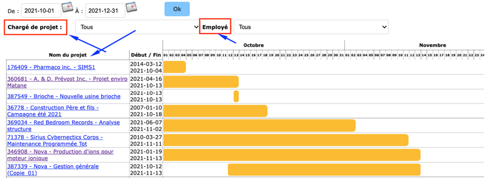Exemple d'un diagramme de Gantt que l'on peut obtenir dans Collabox. Il montre visuellement les échéanciers des projets en cours.