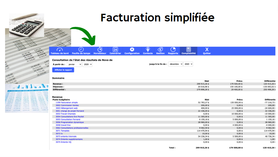 Image showing a paper invoice with a calculator on the left, with an arrow linking to the right on a digital Collabox income statement.