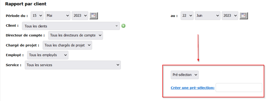 Page de rapport par client où l'encadré rouge montre l'endroit pour faire une pré-sélection des options du rapport.
