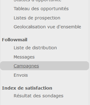 Menu de gauche du Followmail avec l'option de campagne