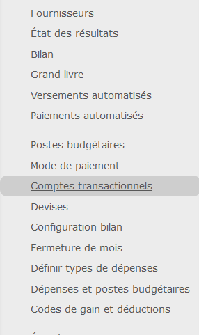 Menu secondaire de gauche avec le lien vers les comptes transactionnels.