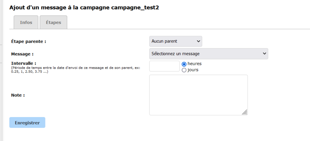 Vue de la création d'un message de campagne marketing.