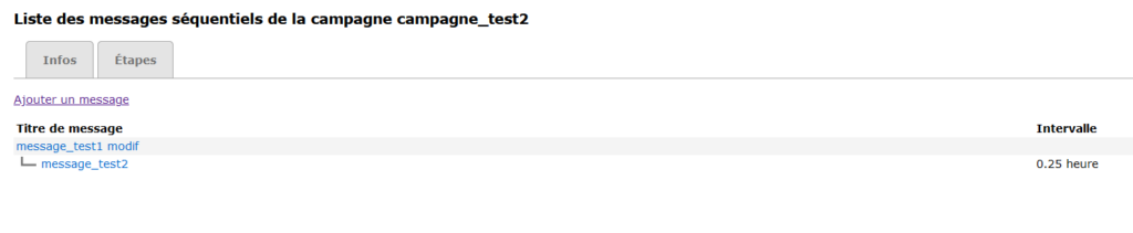 Page Collabox montrant la séquence de messages qui sera envoyée dans la campagne marketing.