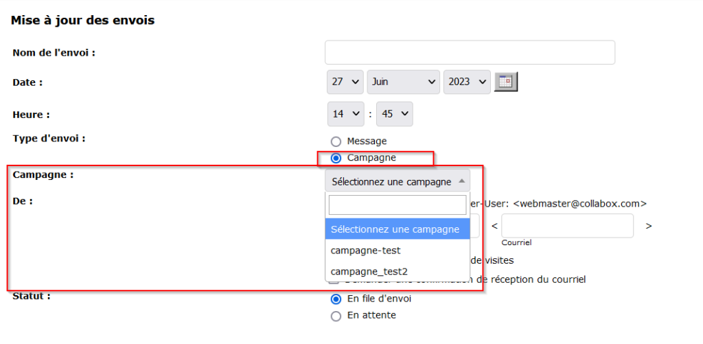 Page d'envoi de message ou de campagne marketing.