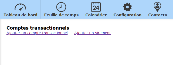 Extrait de la fenêtre de la liste des comptes transactionnels où l'on peut voir le lien pour ajouter un nouveau compte.